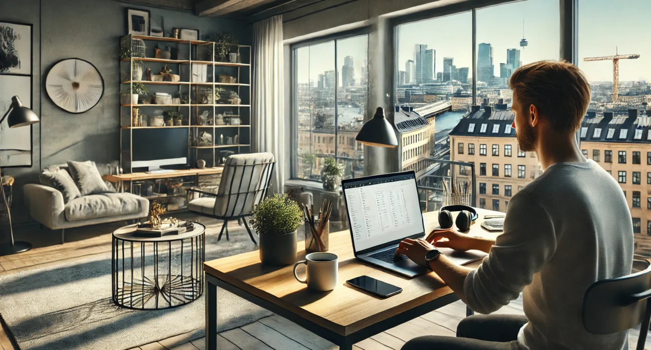 A remote worker in a stylish Swedish apartment, working on a laptop with a view of a Scandinavian cityscape through large windows