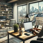 A remote worker in a stylish Swedish apartment, working on a laptop with a view of a Scandinavian cityscape through large windows