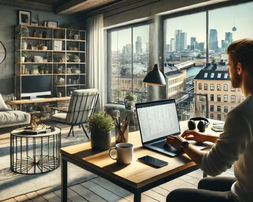 A remote worker in a stylish Swedish apartment, working on a laptop with a view of a Scandinavian cityscape through large windows