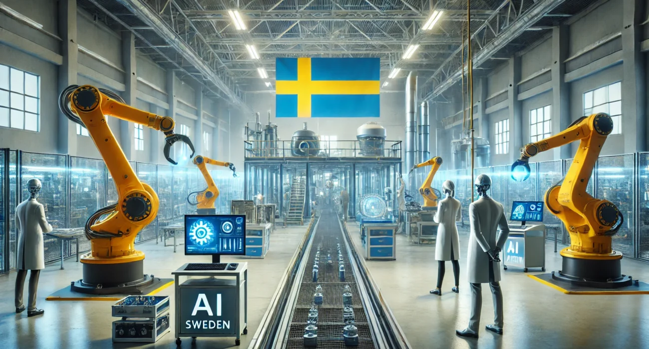 An AI-driven manufacturing facility in Sweden, where robotic arms and automated systems are enhancing efficiency. The setting is