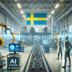 An AI-driven manufacturing facility in Sweden, where robotic arms and automated systems are enhancing efficiency. The setting is