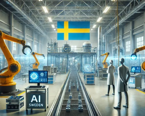 An AI-driven manufacturing facility in Sweden, where robotic arms and automated systems are enhancing efficiency. The setting is