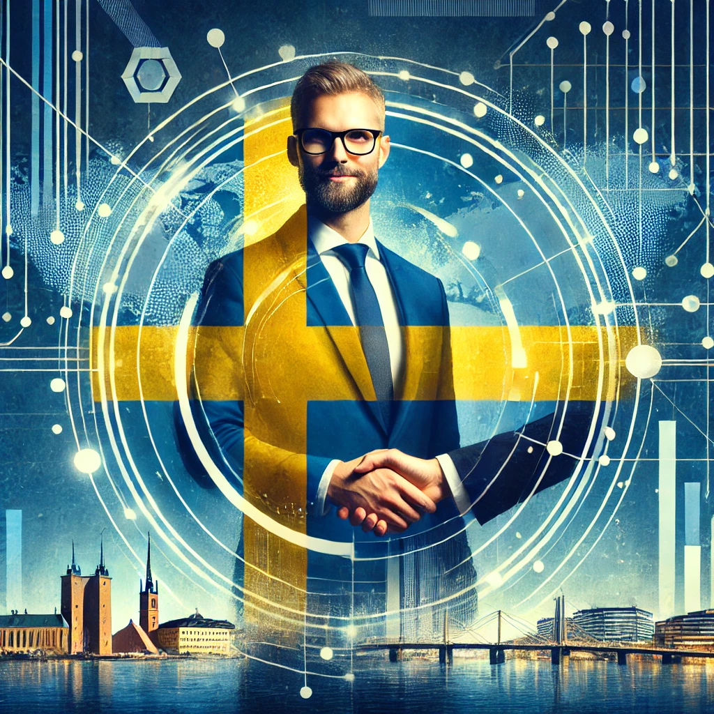 A professional illustration featuring global entrepreneurs shaking hands in front of a digital world map, symbolizing international business expansion into Sweden. The background showcases Stockholm’s cityscape with Swedish flag colors integrated into the design.